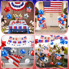 Lunmon burlap banner adds rustic patriotic charm.