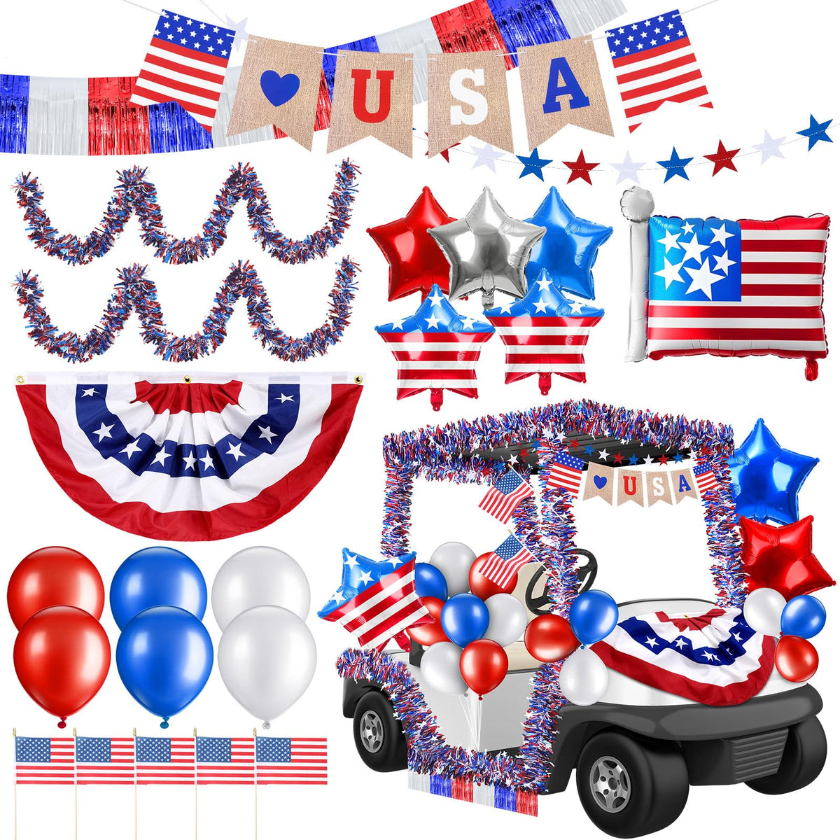 Lunmon patriotic decor kit for car parade with bold red white blue colors.