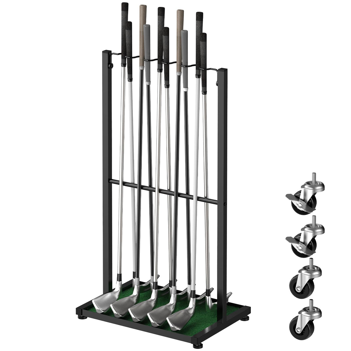 Luplom golf club holder floor stand with wheels keeps 10 clubs organized and accessible.