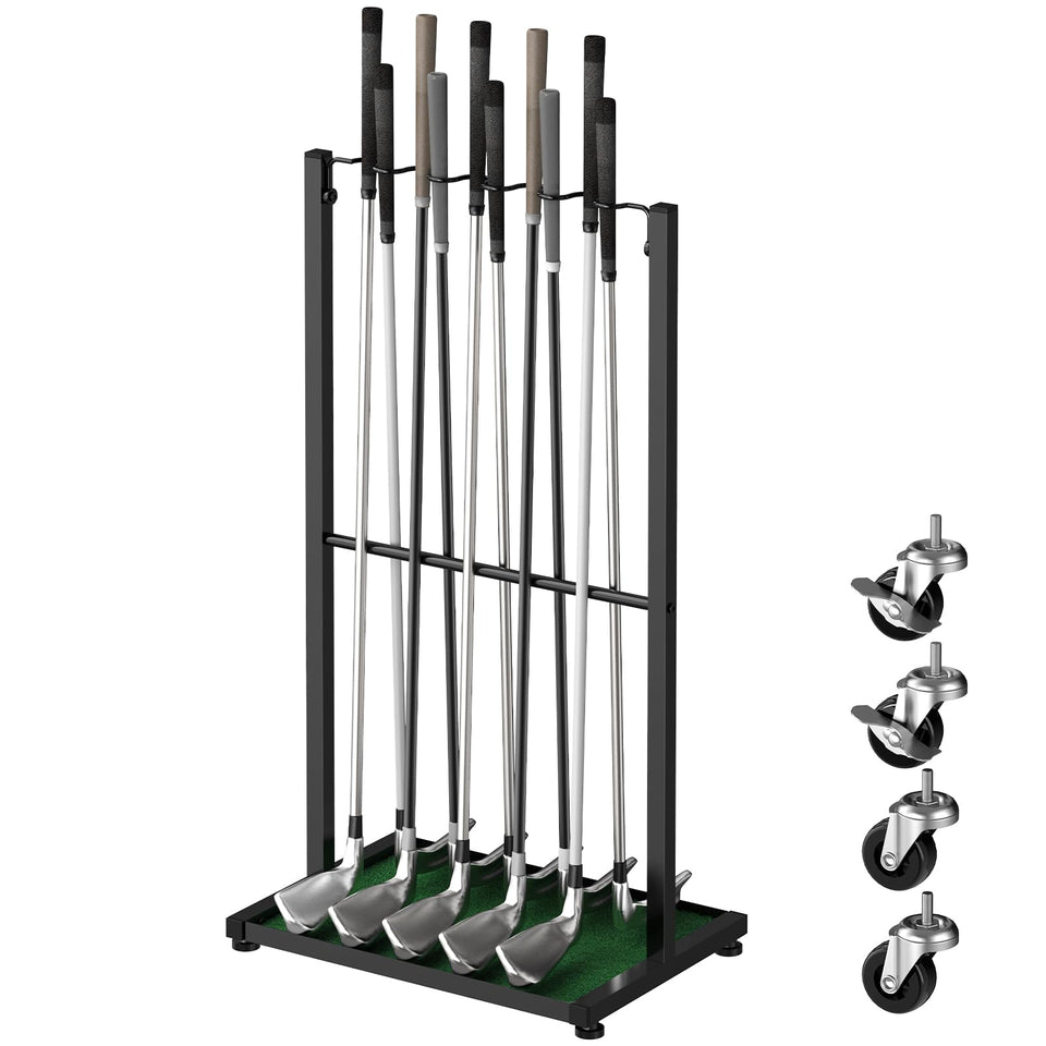 Luplom golf club holder floor stand with wheels keeps 10 clubs organized and accessible.
