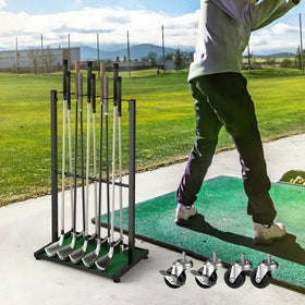 Luplom 10-slot golf rack neatly stores irons and woods for quick selection.