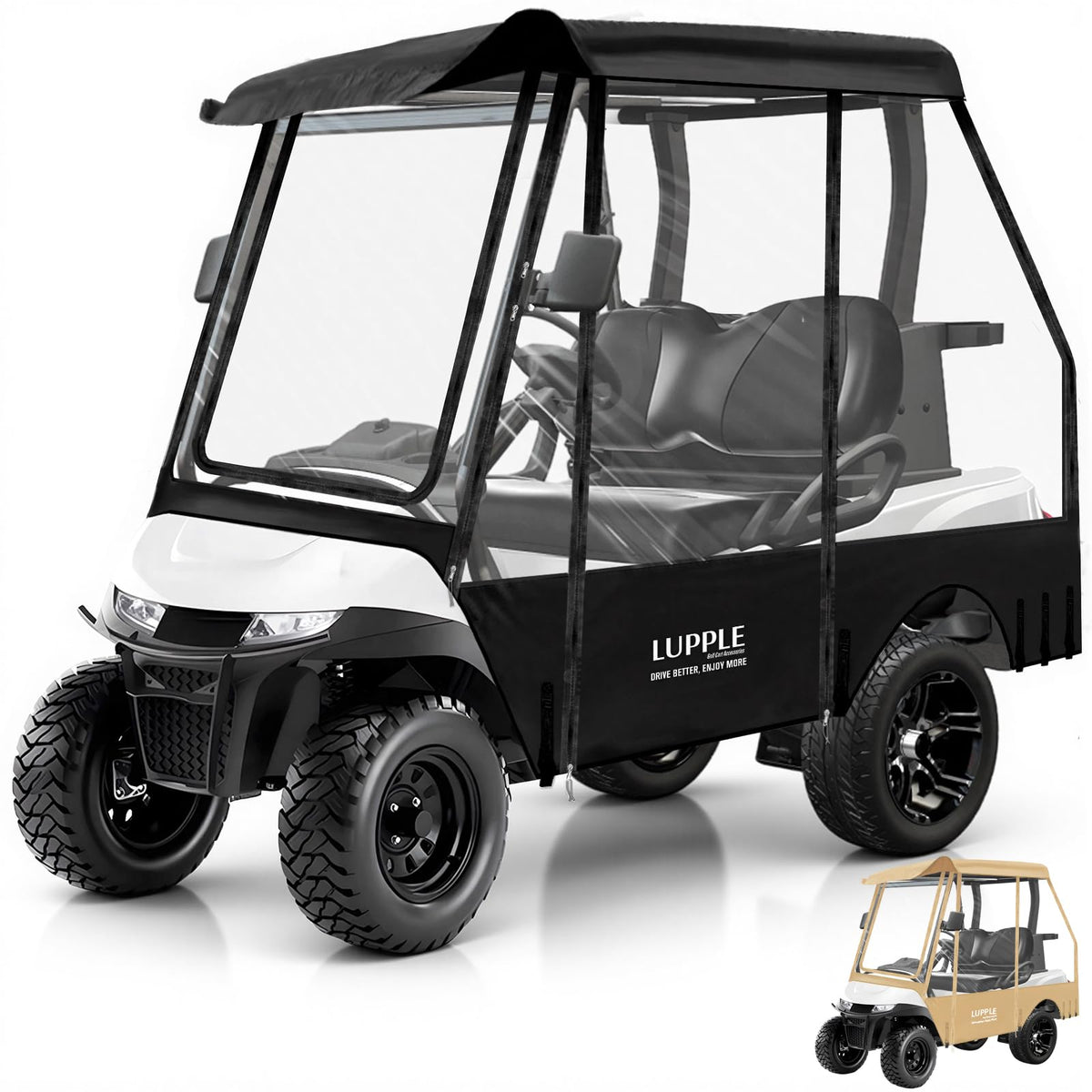 LUPPLE EZGO TXT RXV enclosure protects passengers from rain and wind.