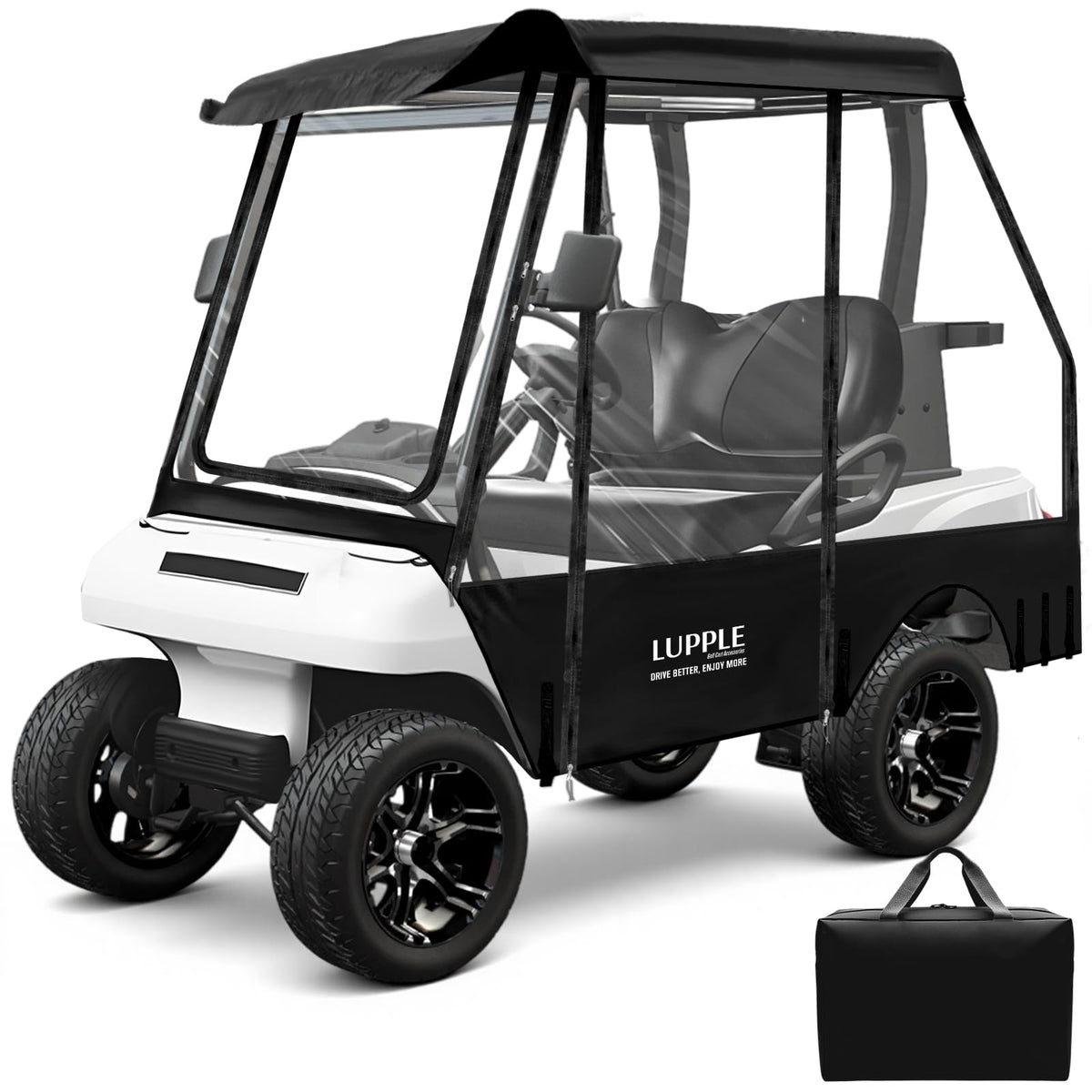 LUPPLE golf cart enclosure front view with clear PVC panels for rain visibility