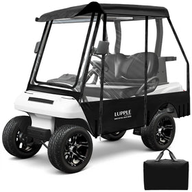 LUPPLE golf cart enclosure front view with clear PVC panels for rain visibility