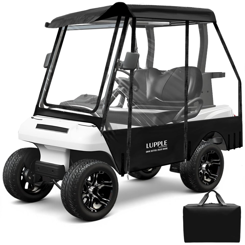 LUPPLE golf cart enclosure front view with clear PVC panels for rain visibility