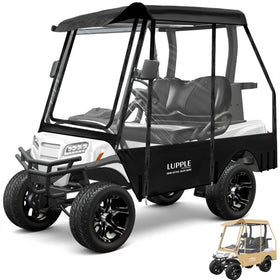LUPPLE universal golf cart enclosure front view shows weatherproof protection and clear visibility.