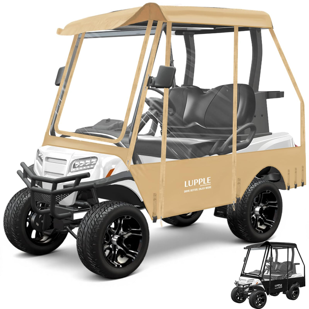 LUPPLE universal golf cart enclosure front view shows durable protection against rain