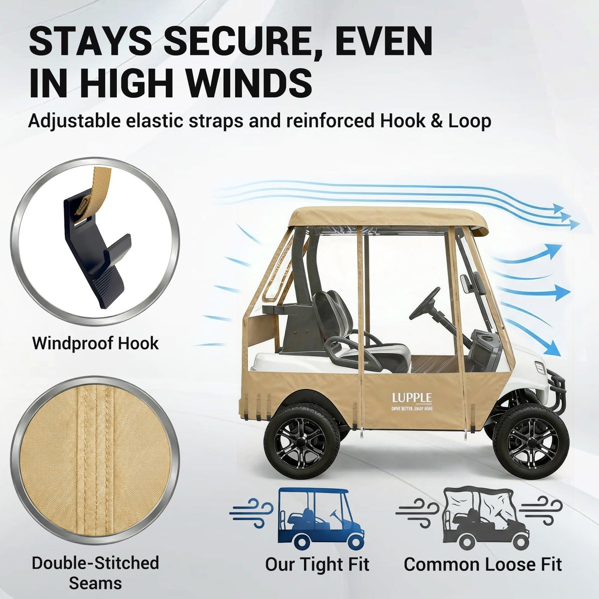 LUPPLE universal golf cart enclosure rear-space view shows generous storage for bags