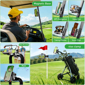 Luraines golf holder with vise-clamp provides quick, secure mounting on club shafts.