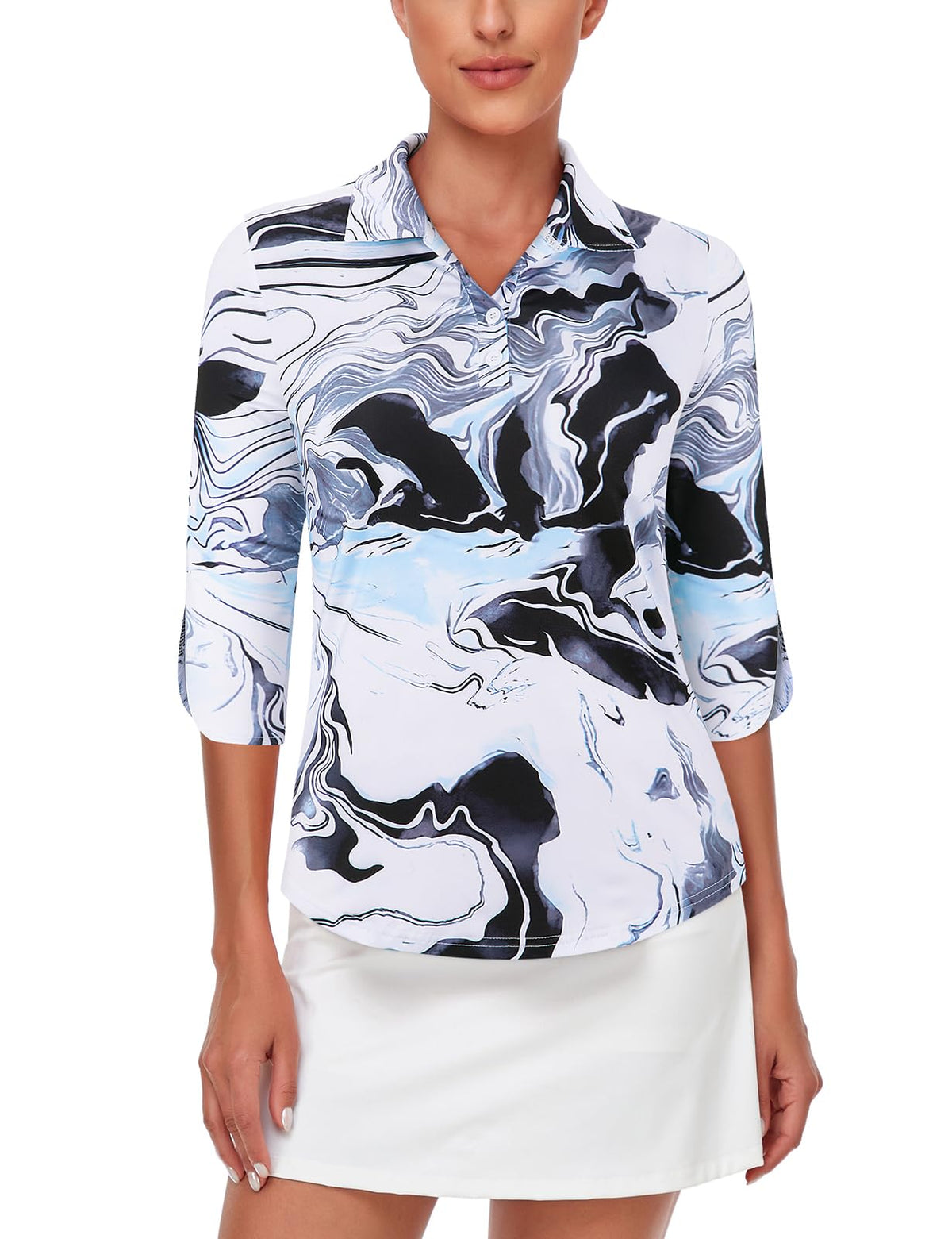 LURANEE 3/4 sleeve top with ink-wash texture for versatile golf wear.