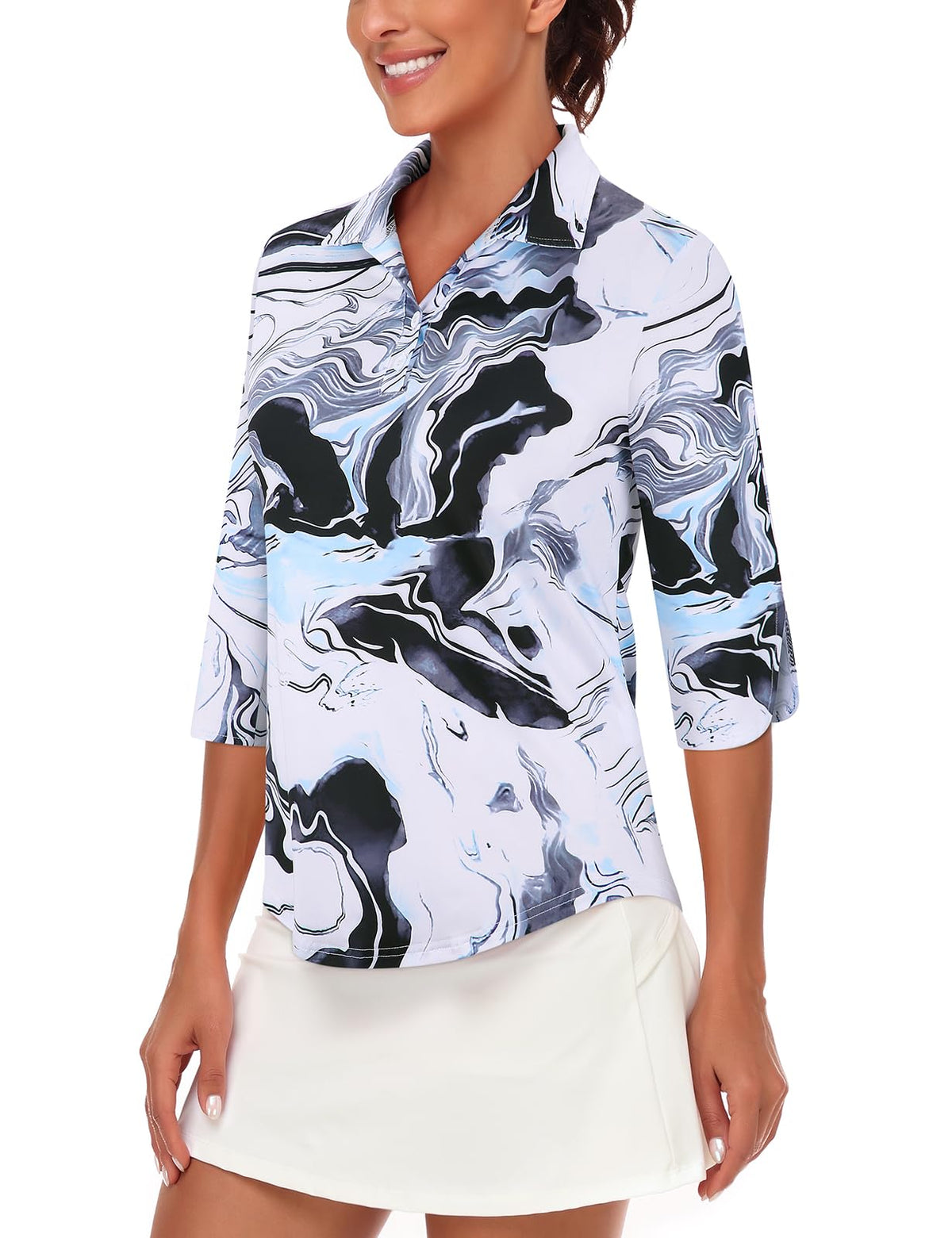 LURANEE 3/4 sleeve top V-neck and 2-buttons for stylish breathable comfort.