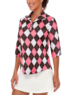 LURANEE polo sleeve 3-4 detail shows full mobility and stretch.