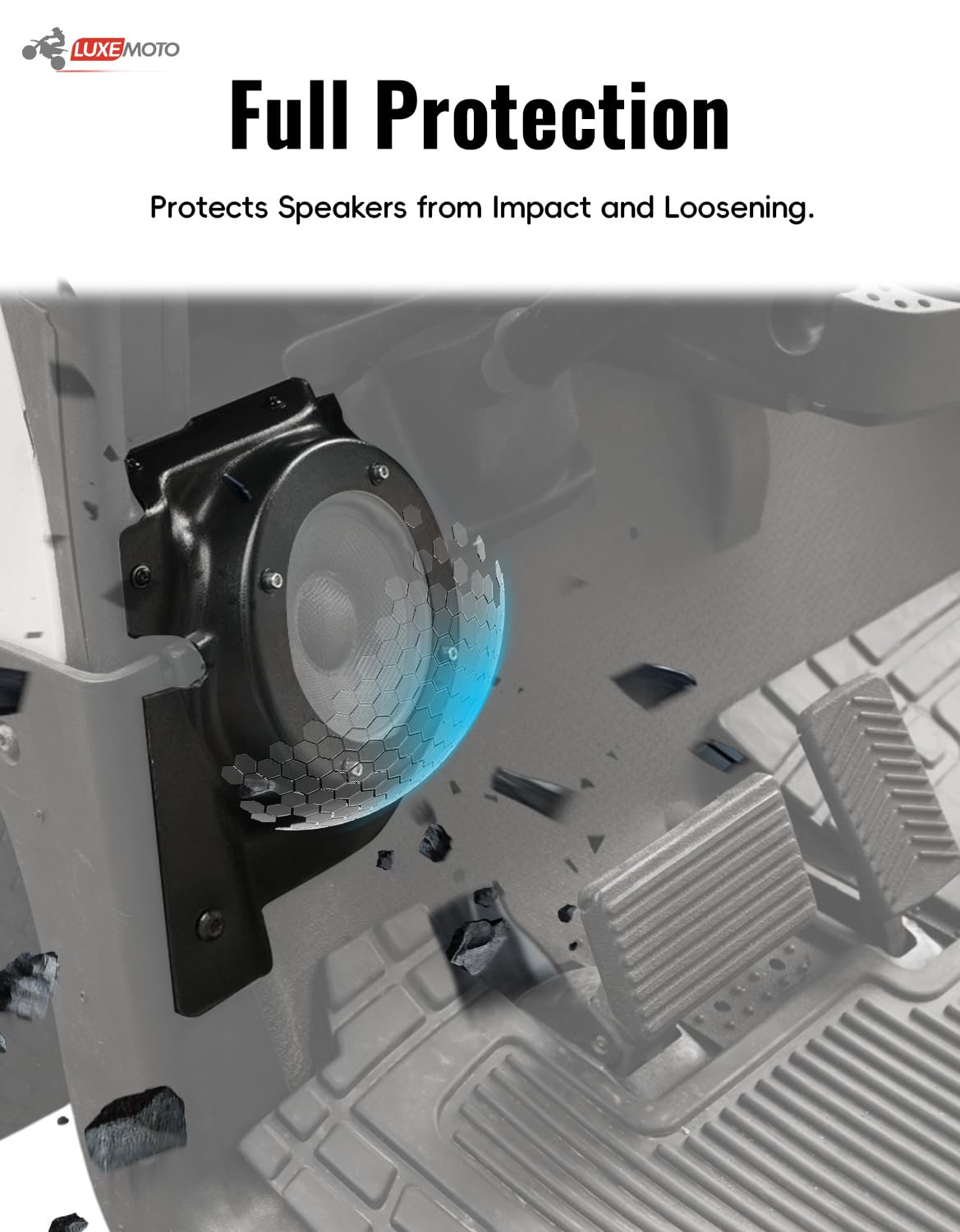 Luxemoto 30-degree angled design enhances sound projection.