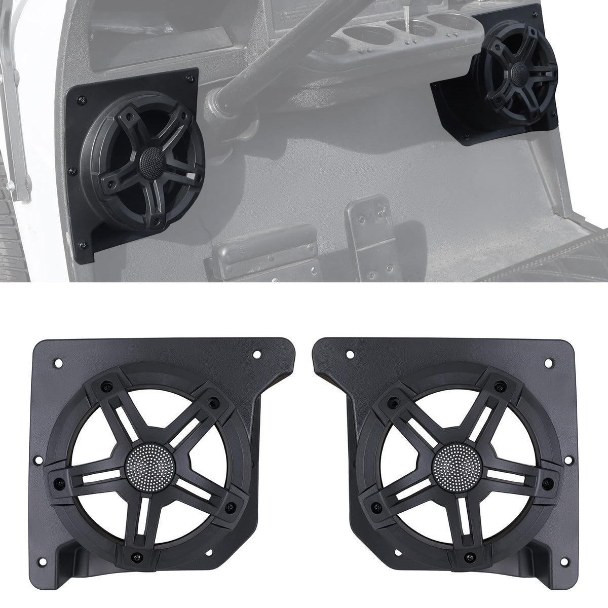 LUXEMOTO 6.5-inch speaker enclosures mounted under EZGO TXT front for focused sound