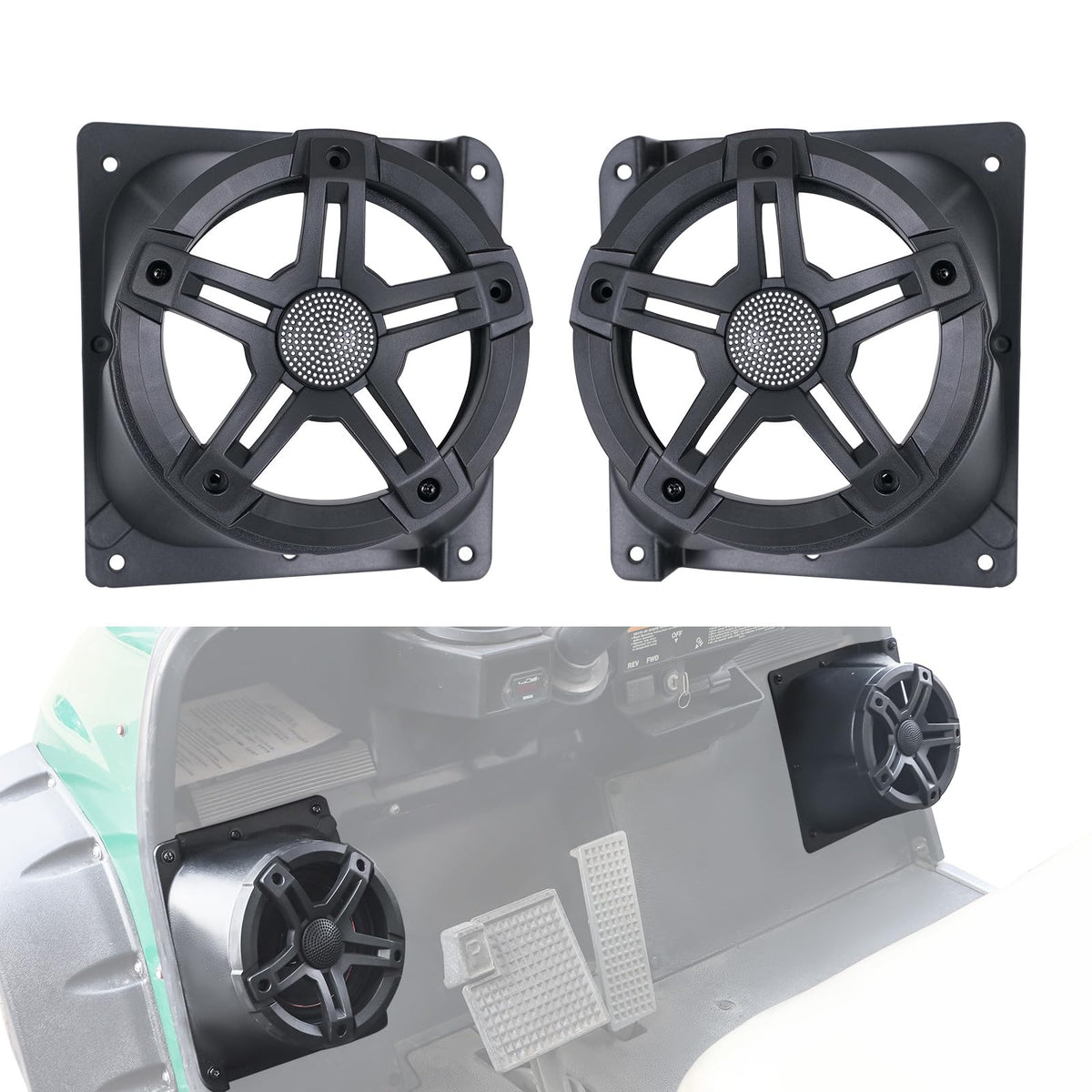Luxemoto 65-inch under-dash bracket left view secures 6.5-inch speakers