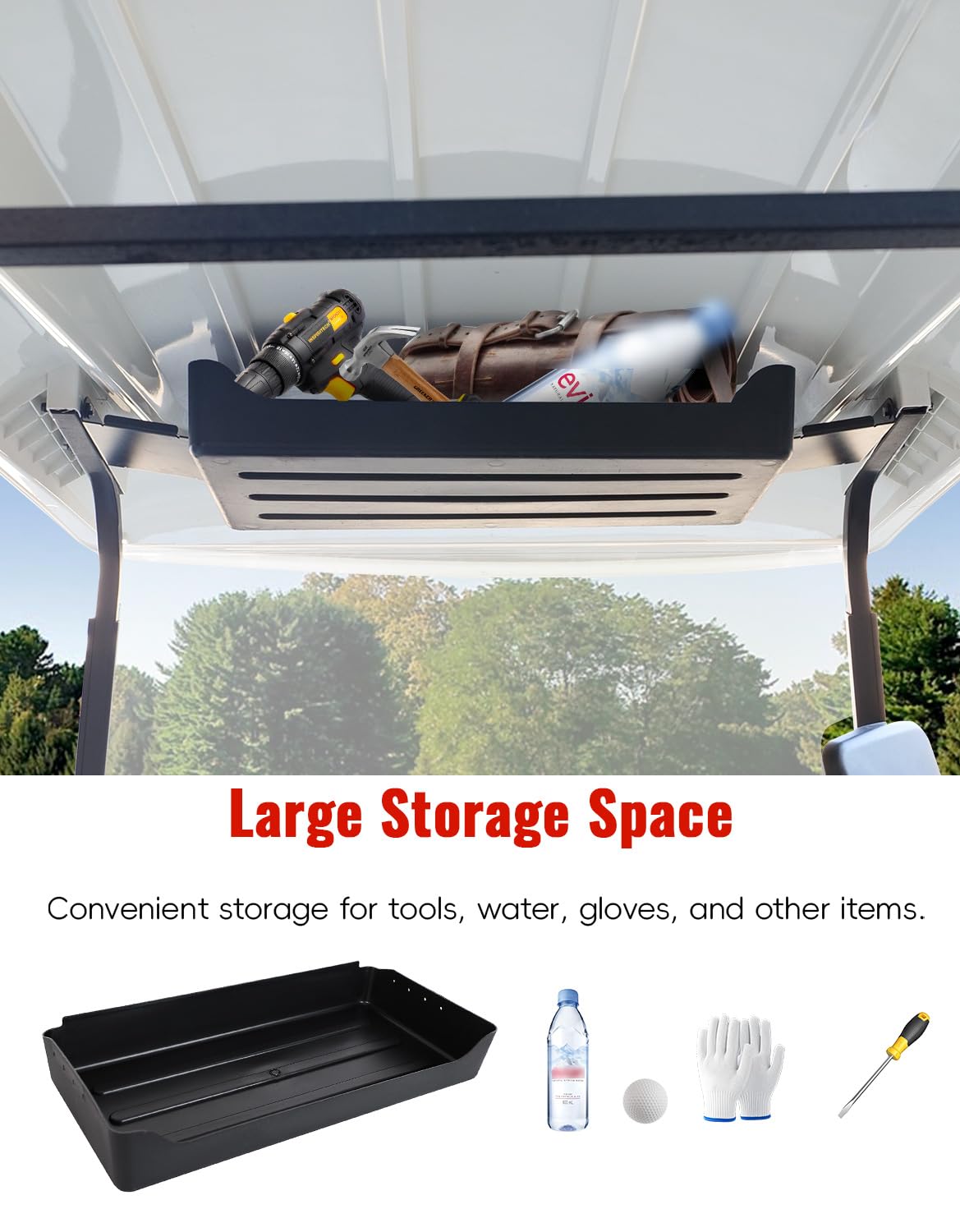LUXEMOTO ceiling organizer tray highlights overhead storage space