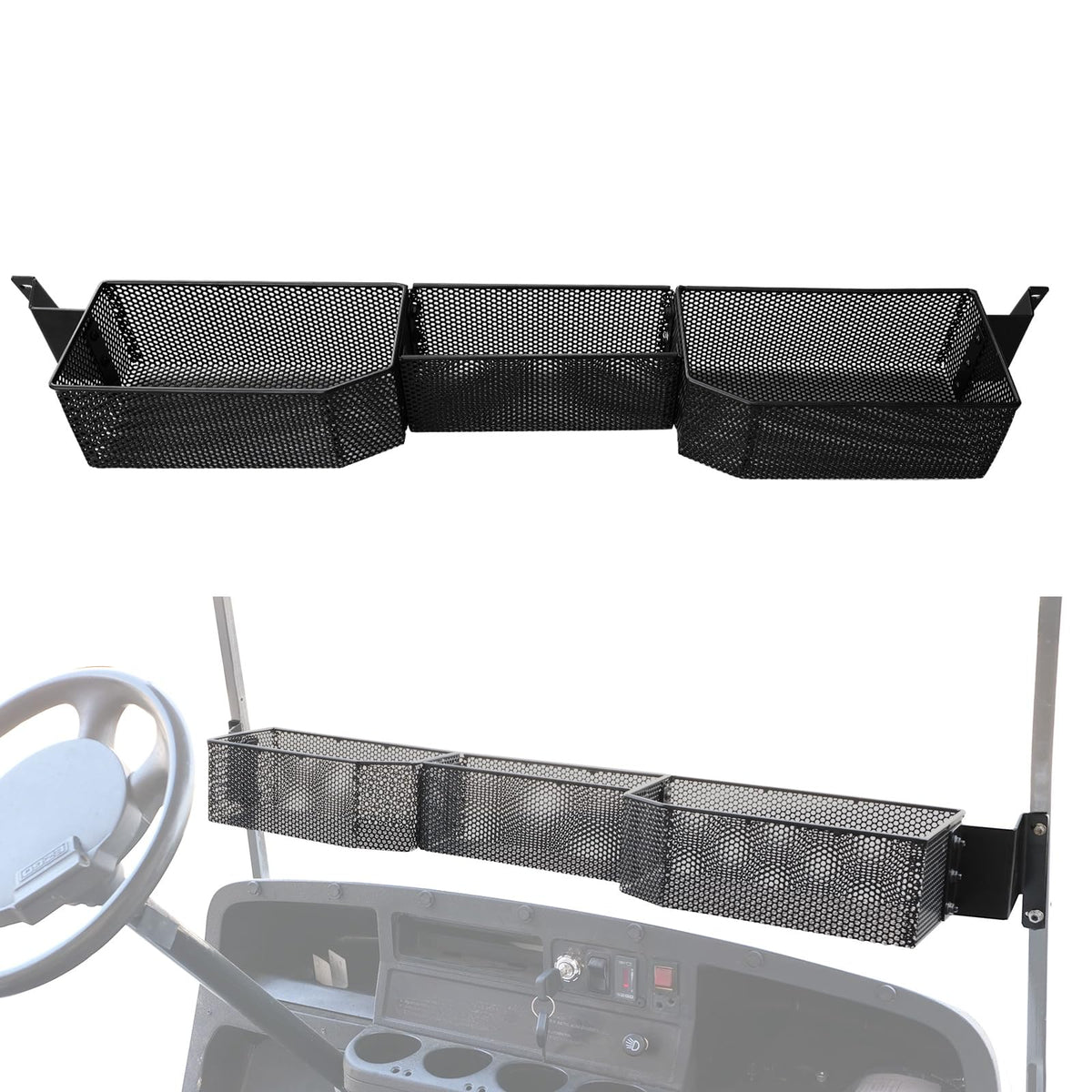 Luxemoto front inner storage basket for EZ-GO TXT boosts organized essentials.