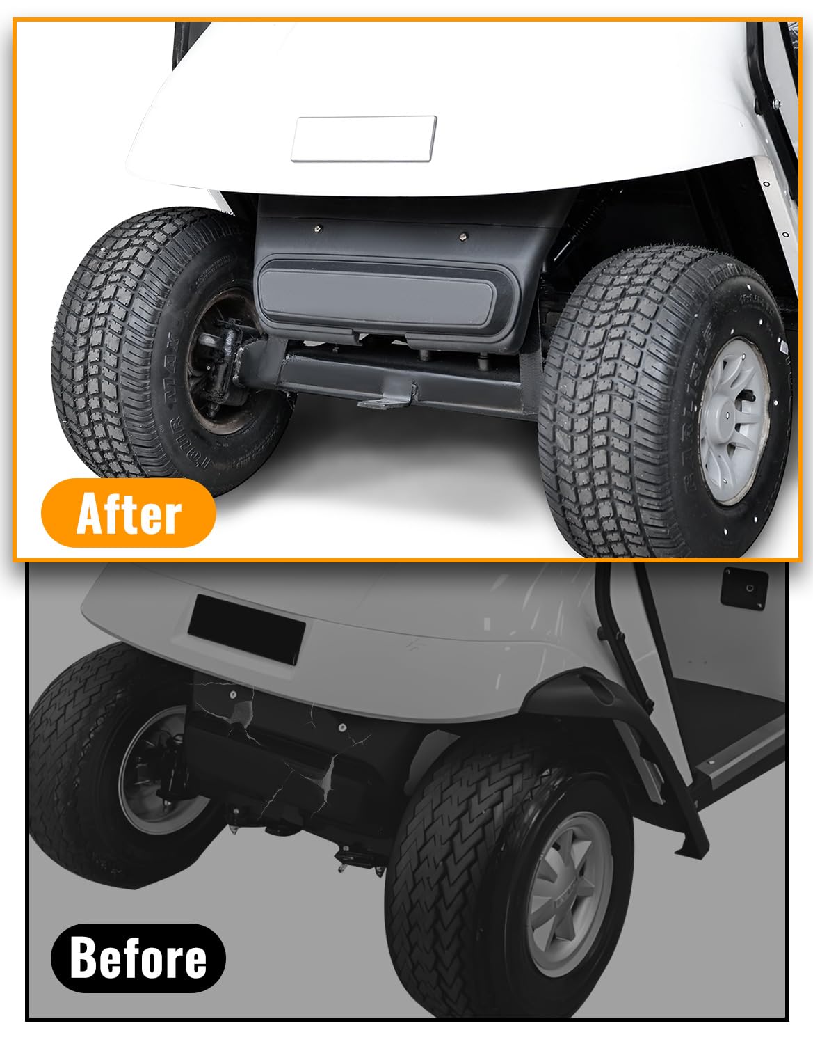 Premium plastic guard protects EZGO TXT suspension and front body from rocks and debris