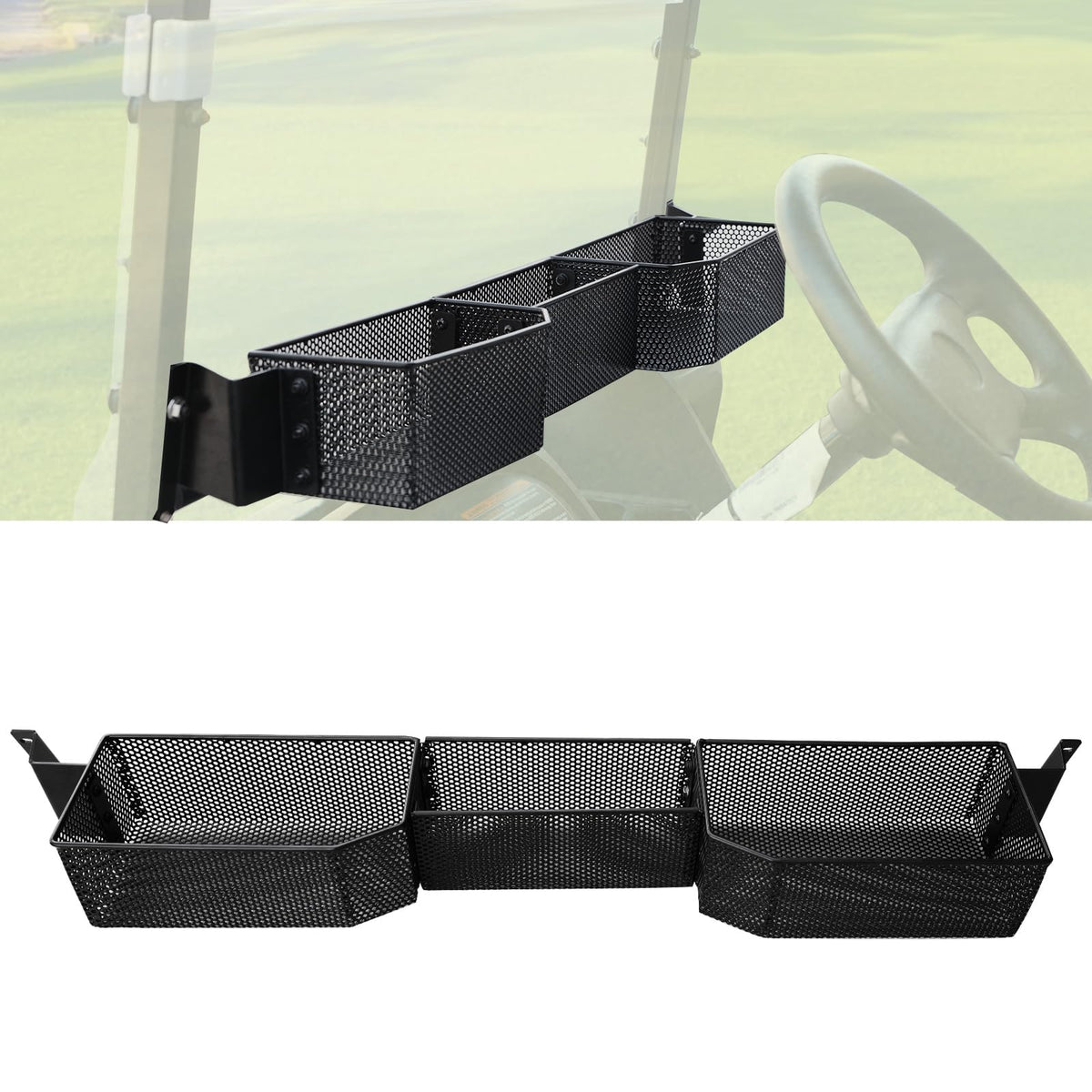 LUXEMOTO inner front storage basket on EZGO Valor 2025, angled view for quick access.