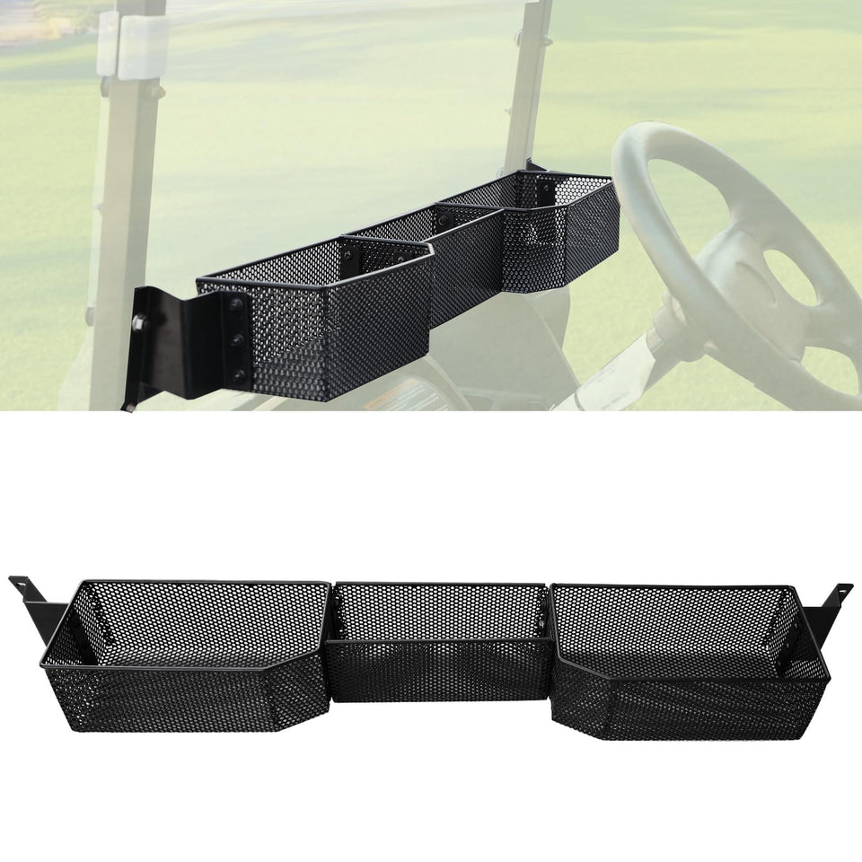 LUXEMOTO inner front storage basket on EZGO Valor 2025, angled view for quick access.