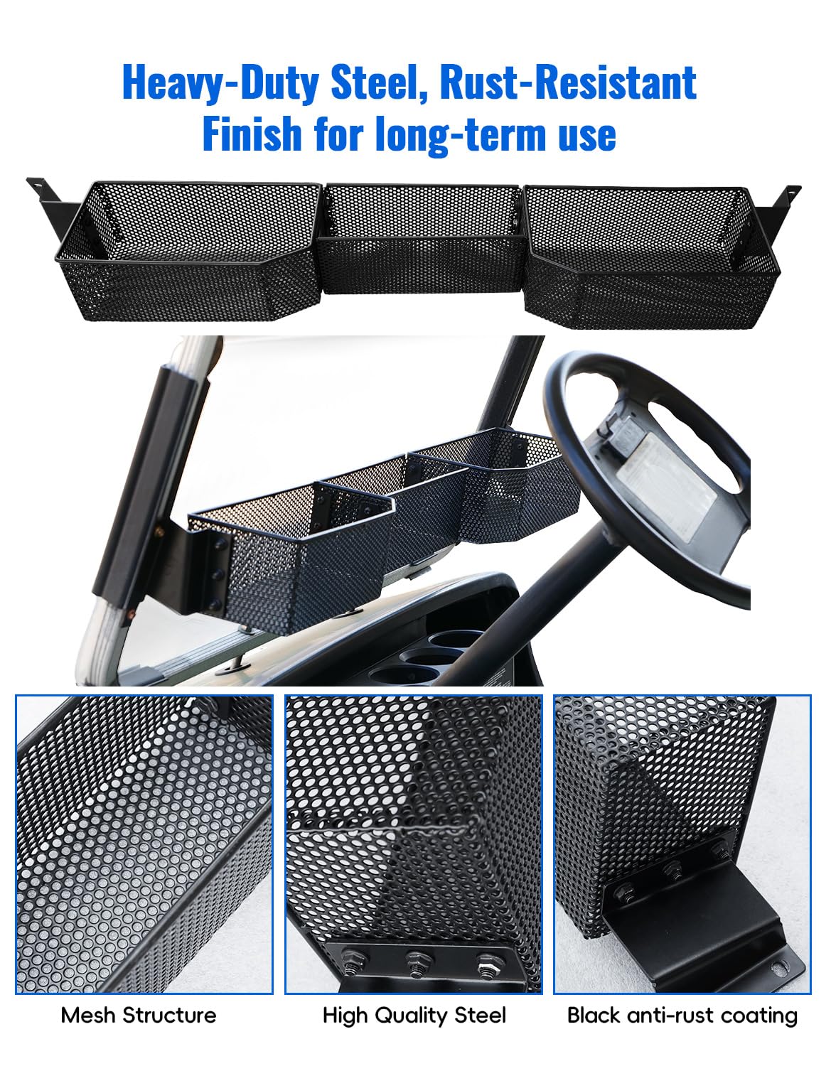 Luxemoto no-drill installation with included brackets allows quick setup without modifying the cart.