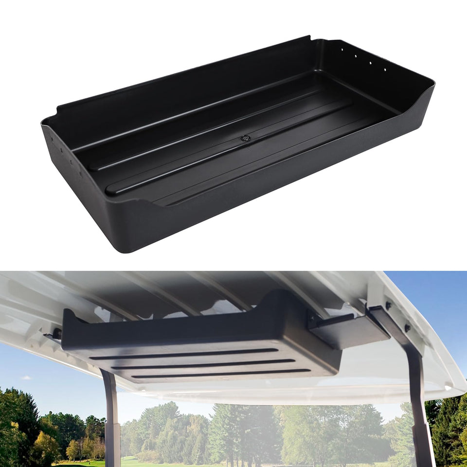 LUXEMOTO overhead storage tray installed on Club Car DS 2006 storing golf balls and gloves