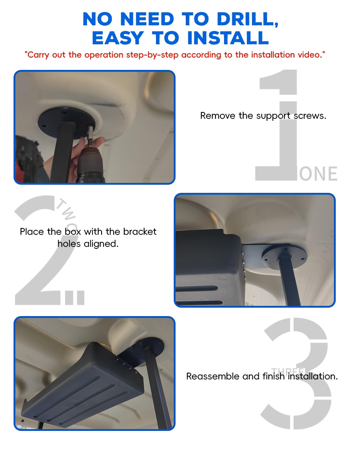 Luxemoto overhead storage tray in-ride view shows shake-proof bracket during driving.