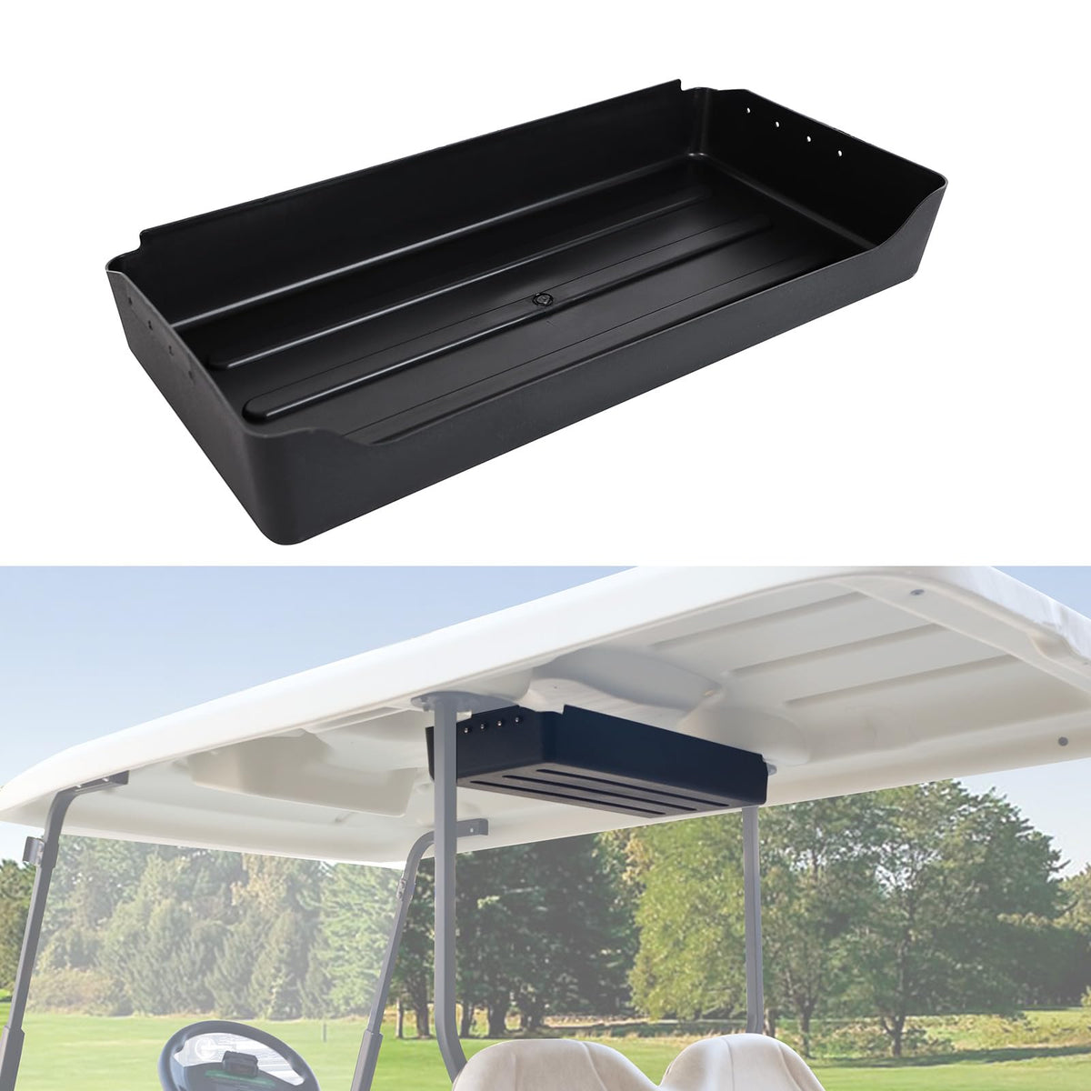 Luxemoto overhead storage tray on Tempo 2025 front view keeps gear organized.