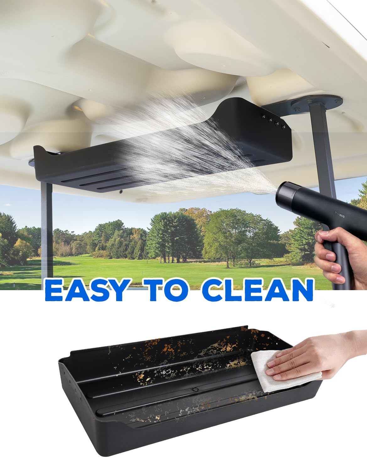 Luxemoto overhead storage tray close-up reveals durable PP plastic and powder-coated mount.