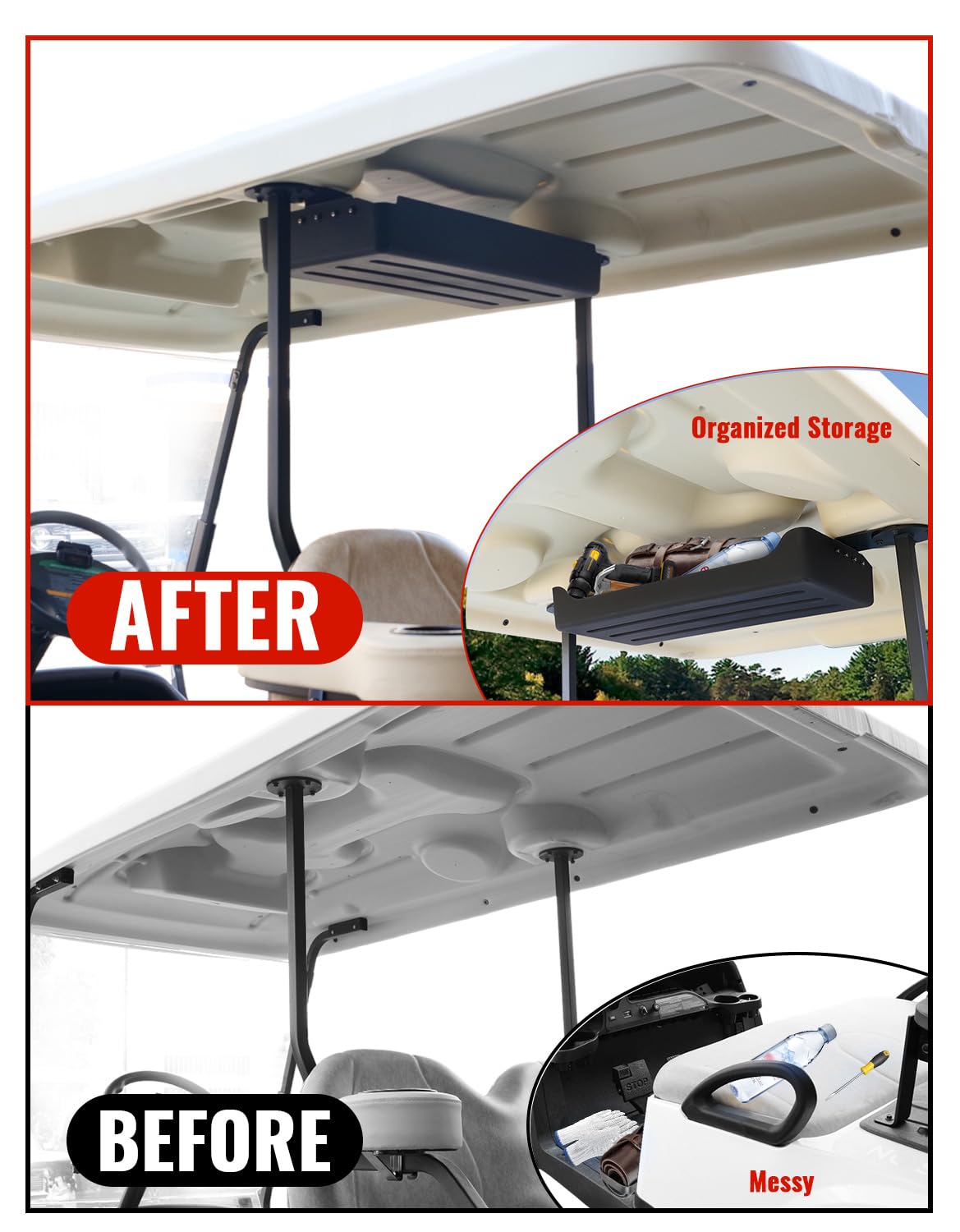 Luxemoto overhead storage tray with mounting bracket demonstrates secure quick-install on Tempo 2025.