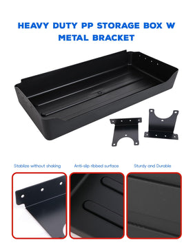 Luxemoto overhead storage tray open compartment highlights easy access to stored items.