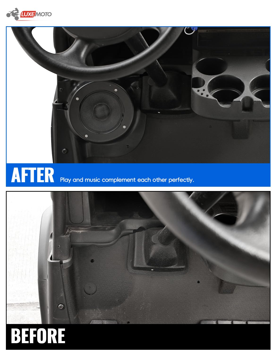 Luxemoto RXV right under-dash pod provides balanced audio in EZGO cart.