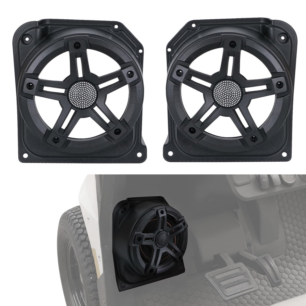 Luxemoto front under-dash speaker pods for EZGO Valor 2025 directing sound to occupants