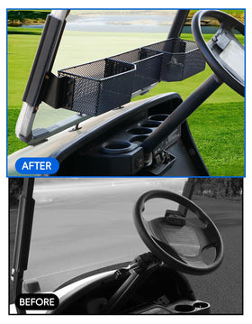 Luxemoto triple-compartment front basket keeps keys, phones, and water bottles sorted for easy reach.