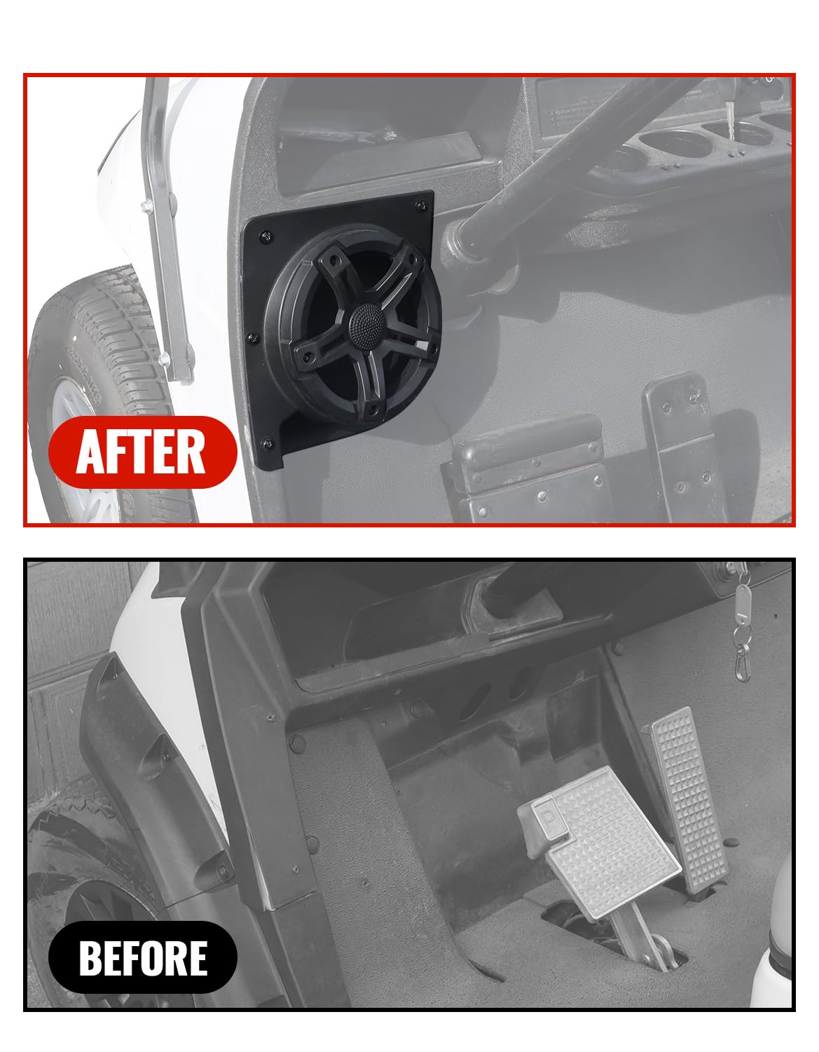 LUXEMOTO under-dash kick-mount brackets blend with dashboard while directing audio