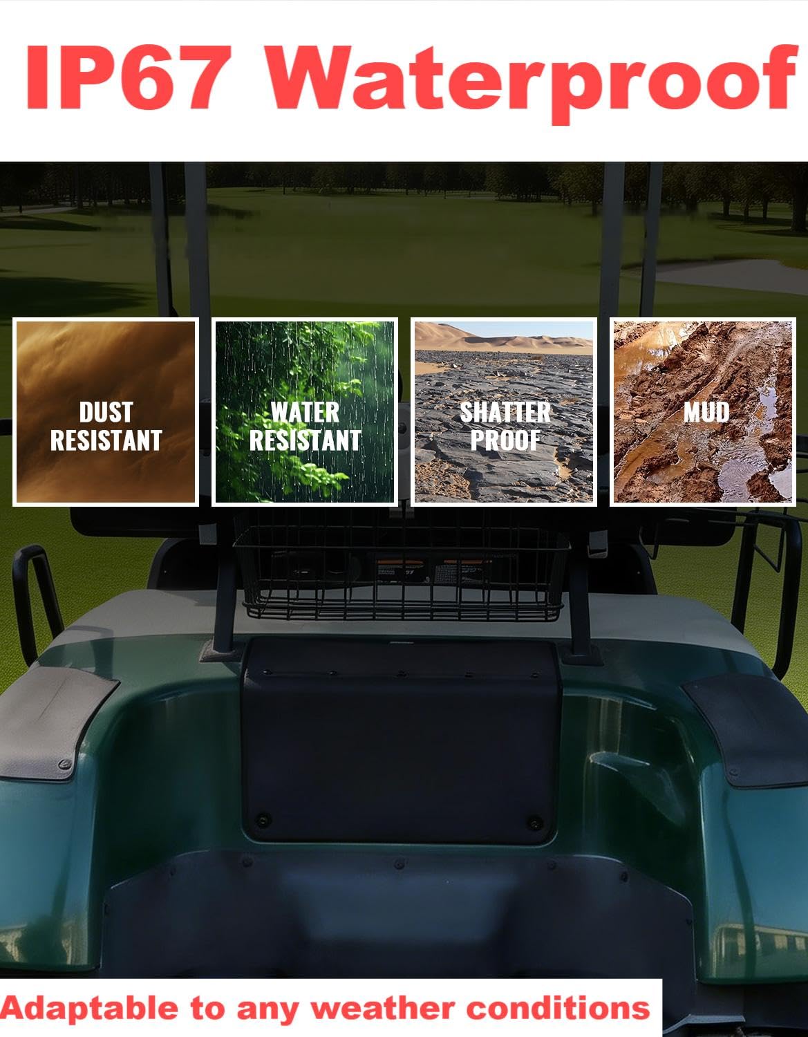 LUXEMOTO protection cover on a golf cart in rugged terrain.