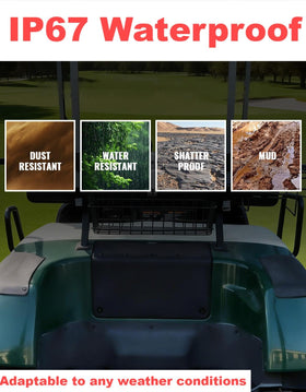 LUXEMOTO protection cover on a golf cart in rugged terrain.