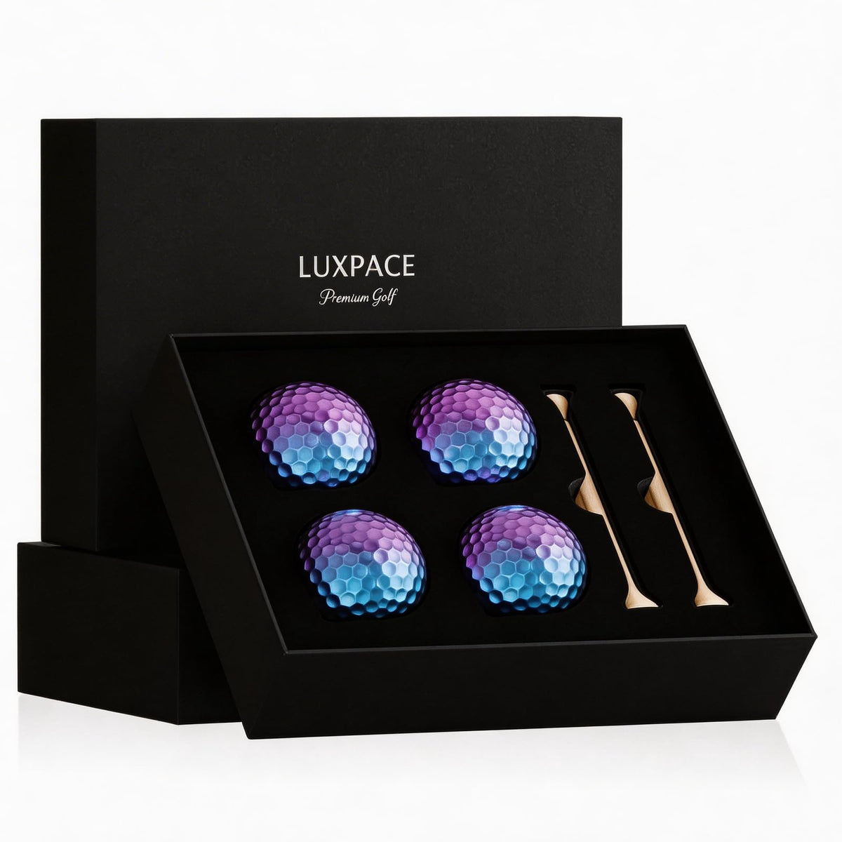 LUXPACE blue purple gradient golf ball with laser etching for visibility.