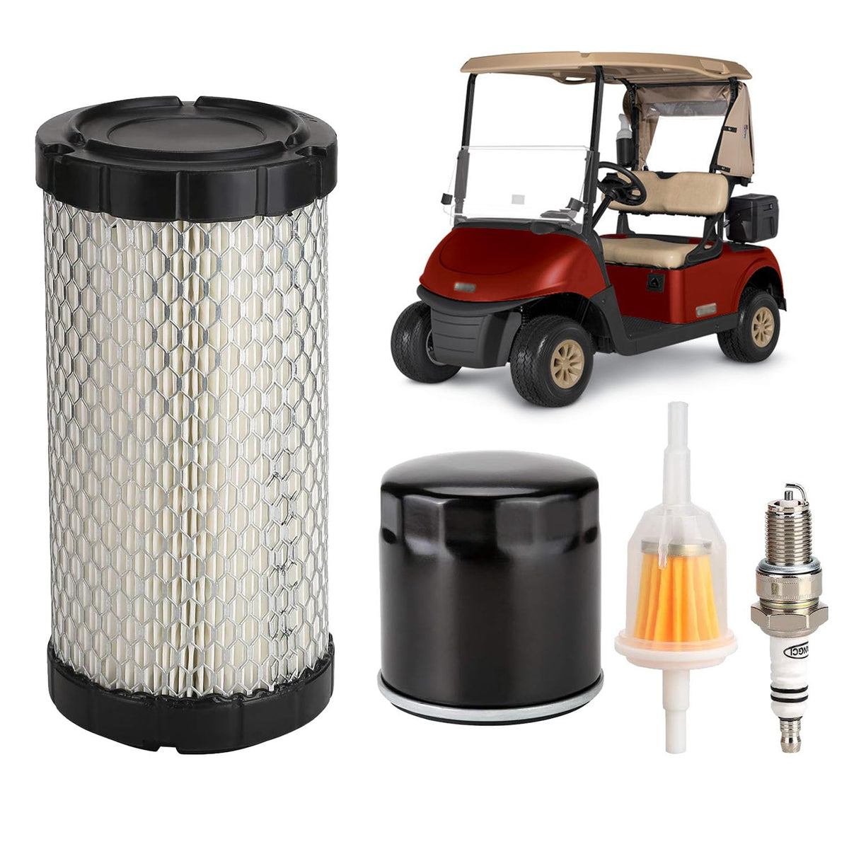 LY 5KYSON EZGO kit contents showing air, fuel, oil filters and spark plug for Kawasaki engines