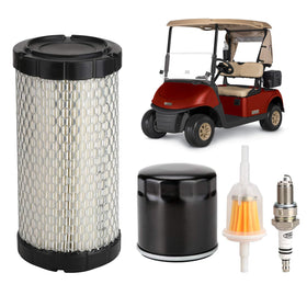 LY 5KYSON EZGO kit contents showing air, fuel, oil filters and spark plug for Kawasaki engines