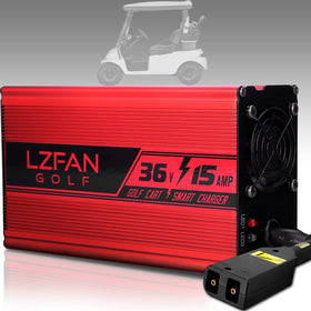 LZFAN 36V15A charger showing the D-style plug for EZGO TXT carts.