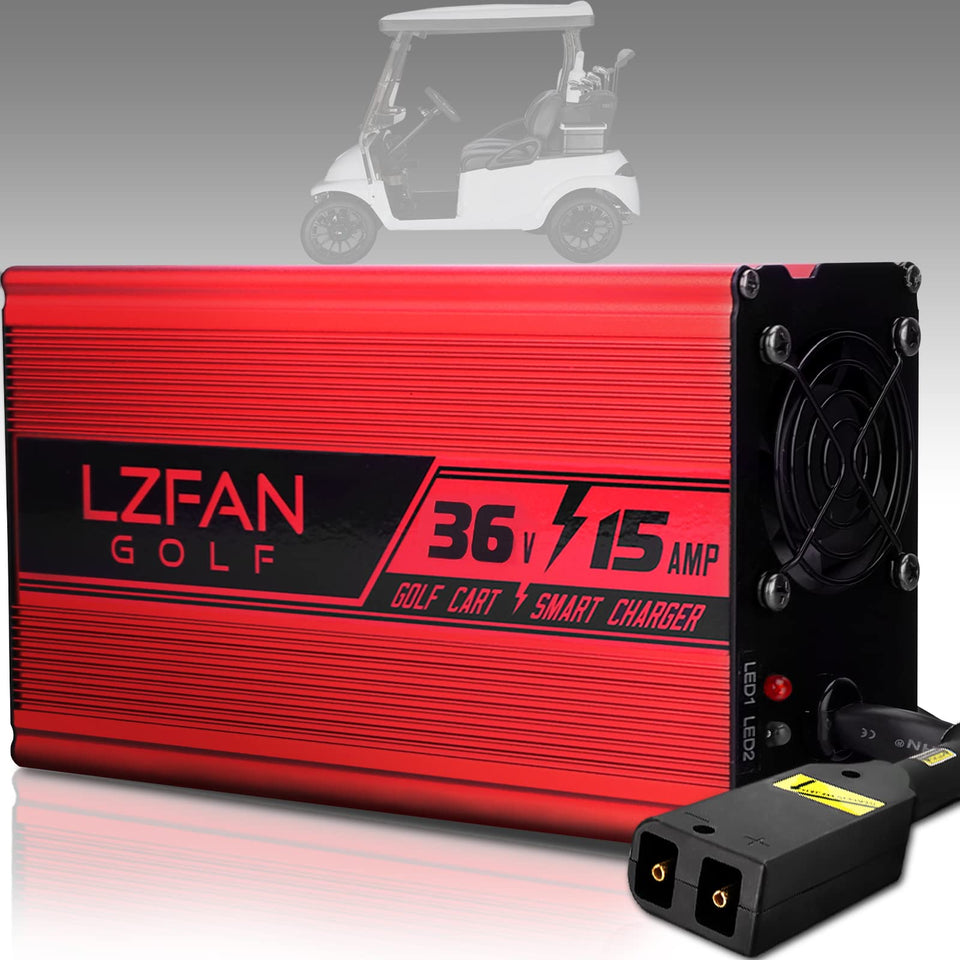 LZFAN 36V15A charger showing the D-style plug for EZGO TXT carts.
