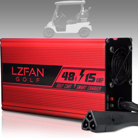 LZFAN 48V 15A golf cart charger connected to outlet for EZ-Go RXV/TXT