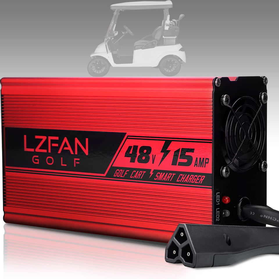 LZFAN 48V 15A golf cart charger connected to outlet for EZ-Go RXV/TXT