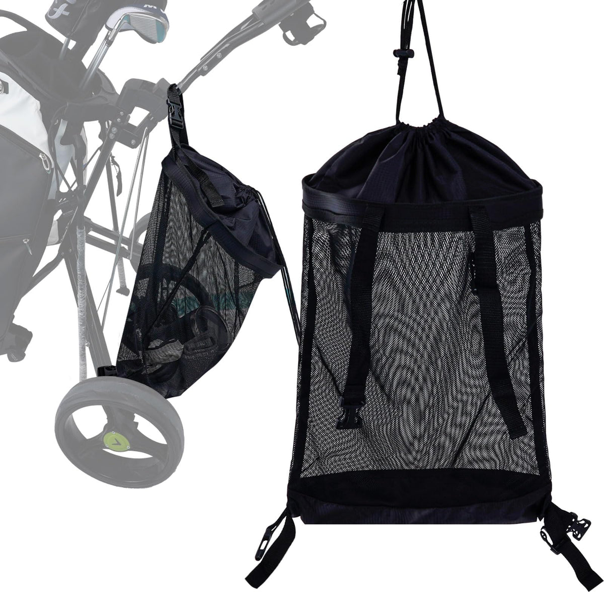 LZFAN backside extension storage bag on a golf cart, expanding gear capacity.