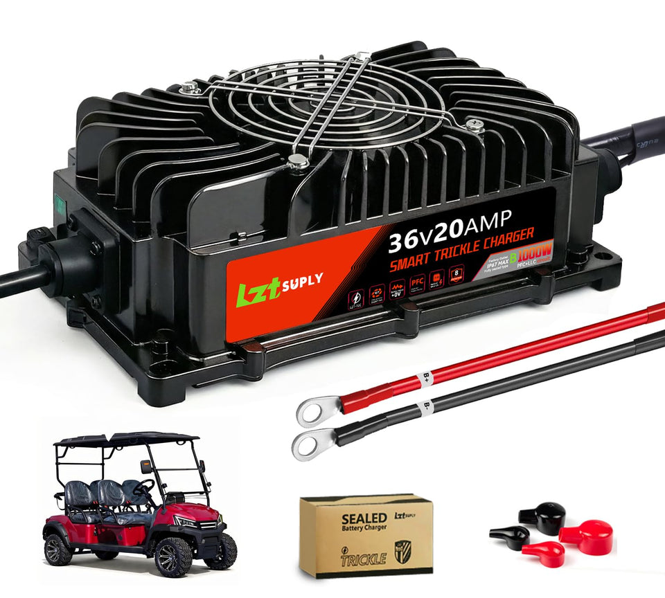 Lztsuply 36V 20A charger front view for efficient LiFePO4 charging on golf carts.