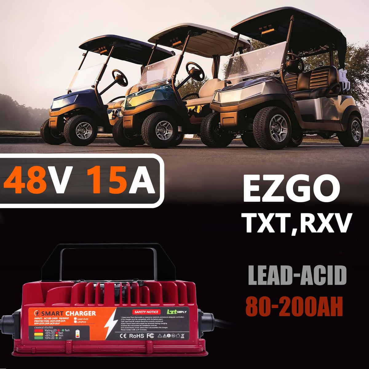 Lztsuply 48V charger for EZGO RXV TXT, reliable maintenance on carts.
