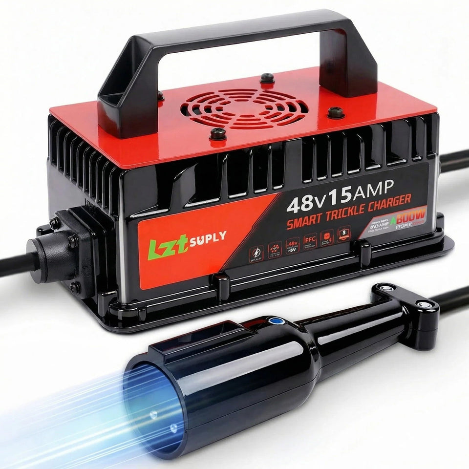 Lztsuply 48V charger front view with rugged build for outdoor golf carts