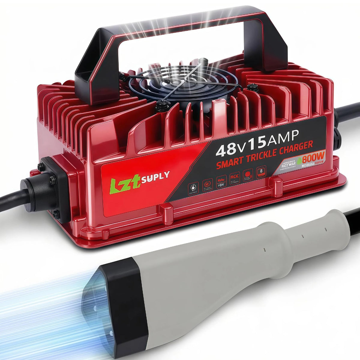 Lztsuply 48V charger with triangle plug for EZGO RXV/TXT, reliable power delivery.