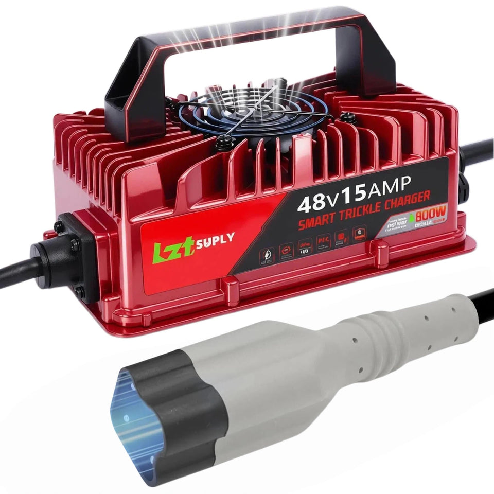 Lztsuply 48V 15A charger front view for Yamaha G29, rugged and weatherproof.